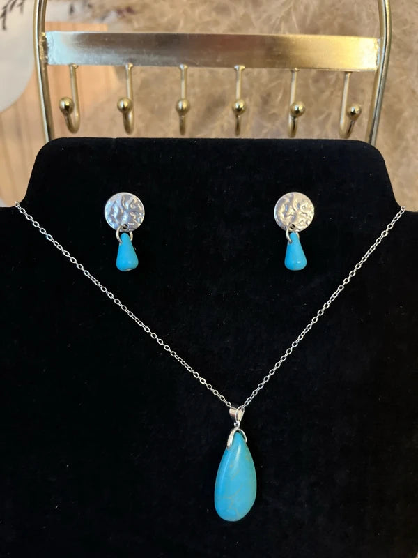 Parure 4 Pièces Turquoise Pierre Naturelle | Collier + Bracelet + Bague + BO | Argent 925 & Acier Inoxydable