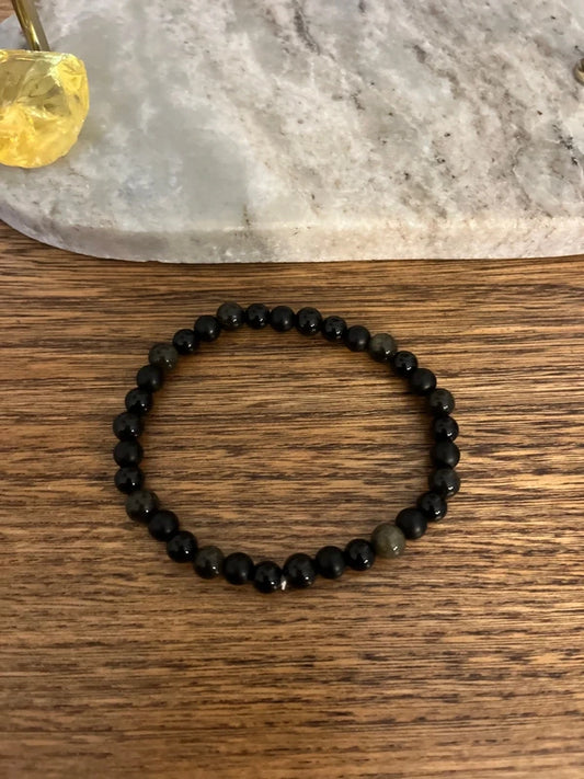 Bracelet Élastique Perles Obsidienne Dorée AAA | Unisexe | Pierre Protectrice Introspection Chakra