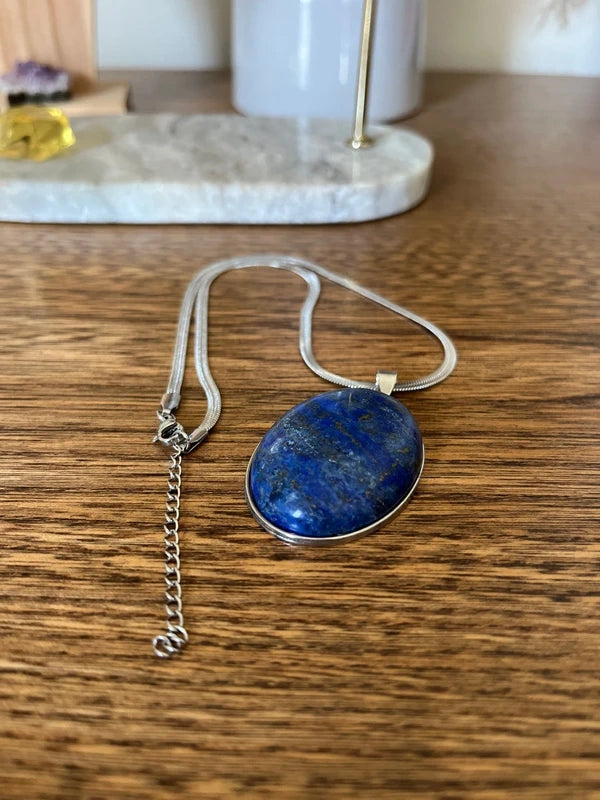 Collier Lapis Lazuli 5A Cabochon 30x40 mm Chaîne Serpent Argentée | Grosse Pierre Premium | 40 cm