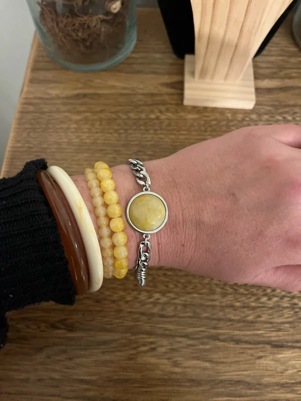 Bracelet Gourmette Ambre Jaune Naturel Cabochon 20 mm | Acier Inoxydable | Anti-Inflammatoire Lithothérapie