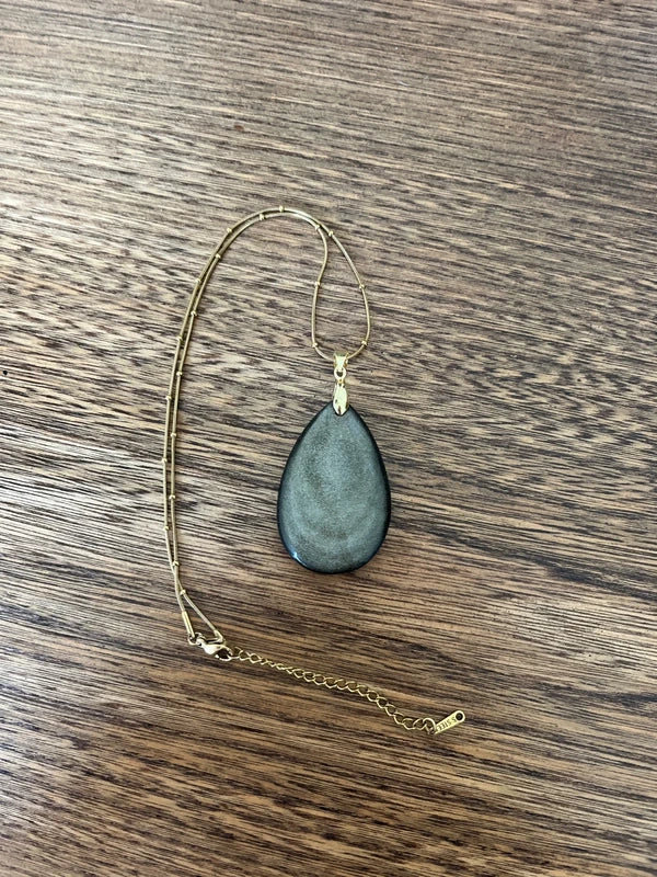 Collier Obsidienne Dorée | Chaîne Perlée Dorée | Pierre Protectrice Introspection Lithothérapie 40 cm