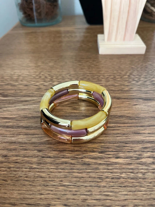 Trio Bracelets Élastiques Perles Tubes Incurvées À Superposer | Orange Violet Jaune Doré | 18 cm