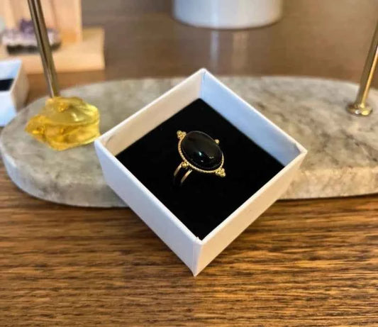 Bague Ajustable Cabochon Obsidienne Arc-en-Ciel | Monture Dorée Vintage Acier Inoxydable | Clarté & Transformation | Bijou Femme Fait Main France