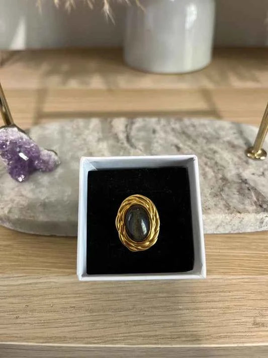 Bague Ajustable Cabochon Obsidienne Dorée | Monture Dorée Vintage Acier Inoxydable | Protection & Introspection | Bijou Femme Fait Main France