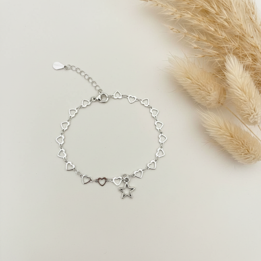 Bracelet Chaîne Cœurs Argentés & Charm Étoile – Acier Inoxydable | 17 cm | Fait Main France livraison gratuite