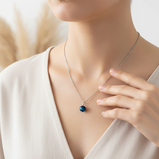 Collier en acier inoxydable argenté, chaîne fine et perle œil de tigre bleu