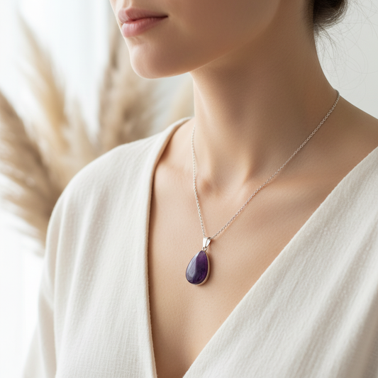 Collier chaîne argentée avec pendentif goutte d’améthyste violette