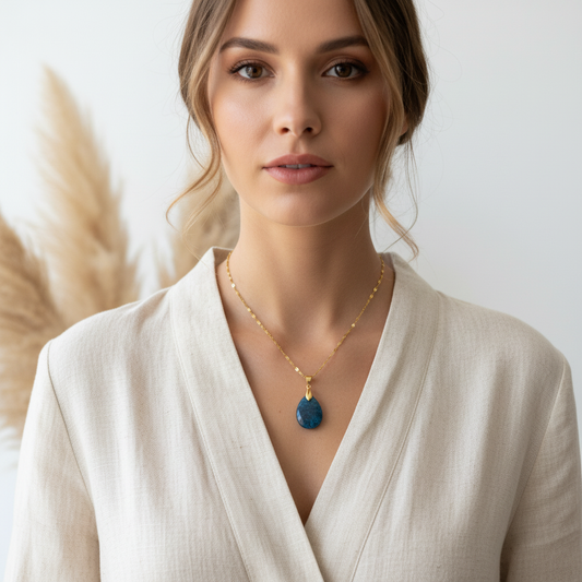 Collier apatite bleue naturelle Madagascar, pendentif goutte, chaîne dorée argentée acier inox 45 cm. Communication, créativité. Fait mai,. Livraison gratuite.