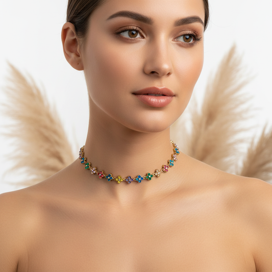 Collier ras du cou porté, rang de strass multicolores façon fleurs dorées