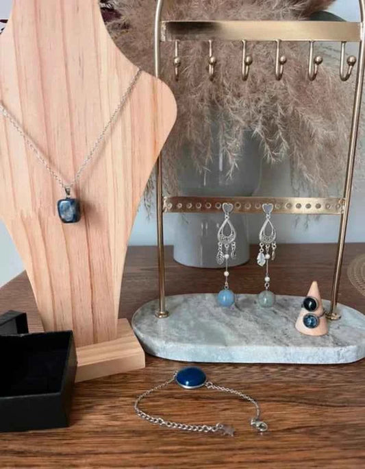 Parure Artisanale Lapis Lazuli 4 Pièces | Collier, Bracelet, Bague & Boucles | Acier Inoxydable | Coffret Cadeau Femme Fait Main France