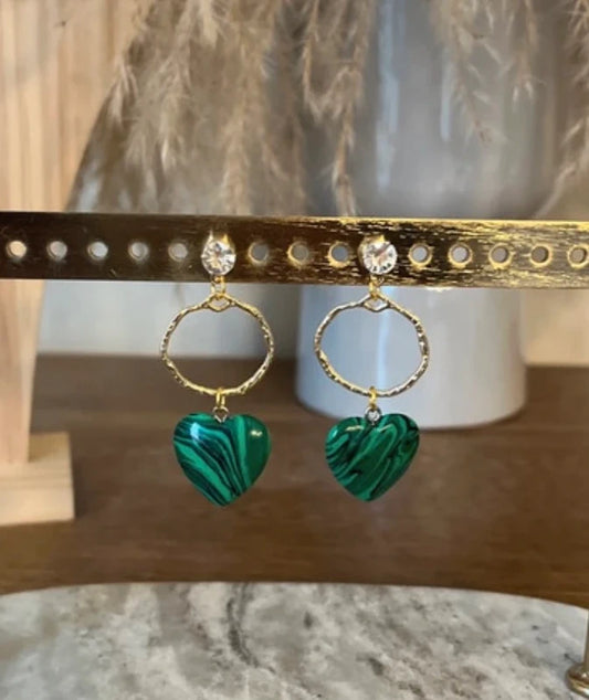 Boucles d'oreilles Malachite | Anneaux dorés bohèmes – Pierre naturelle