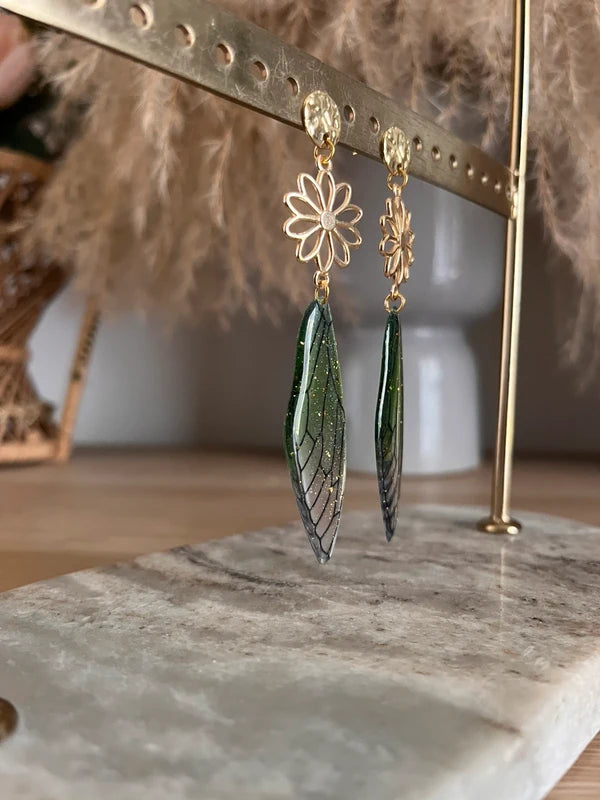 Boucles d'oreilles aile de fée - fairy fairycore - couleur doré et vert