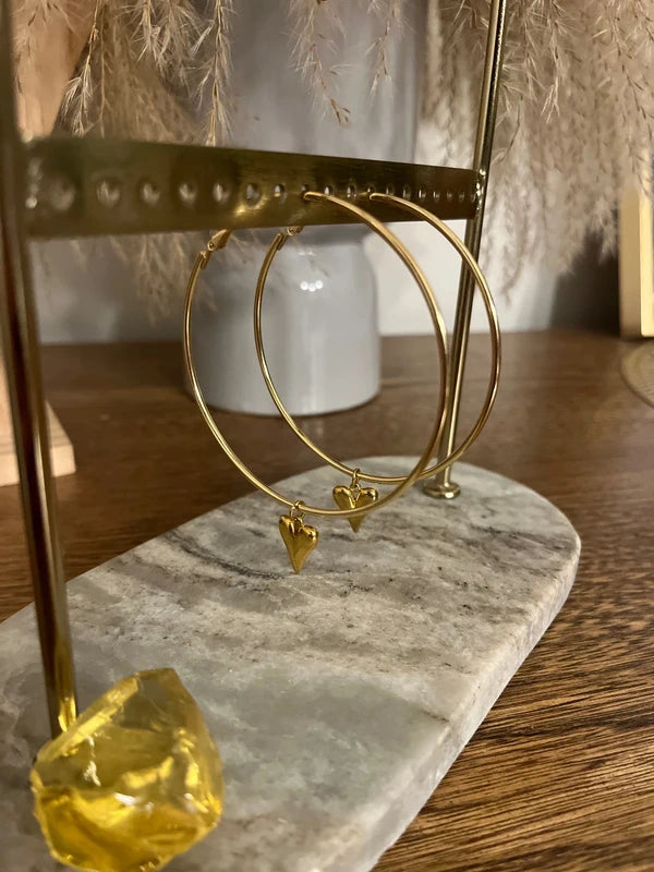 Créoles Cœur Doré Plein | Boucles d'Oreilles Romantiques | Acier Inoxydable 6,5 cm