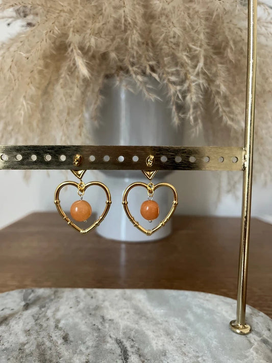 Boucles d'oreilles Cœur Quartz Orange Doré | Acier inoxydable – Pierre de joie & Vitalité