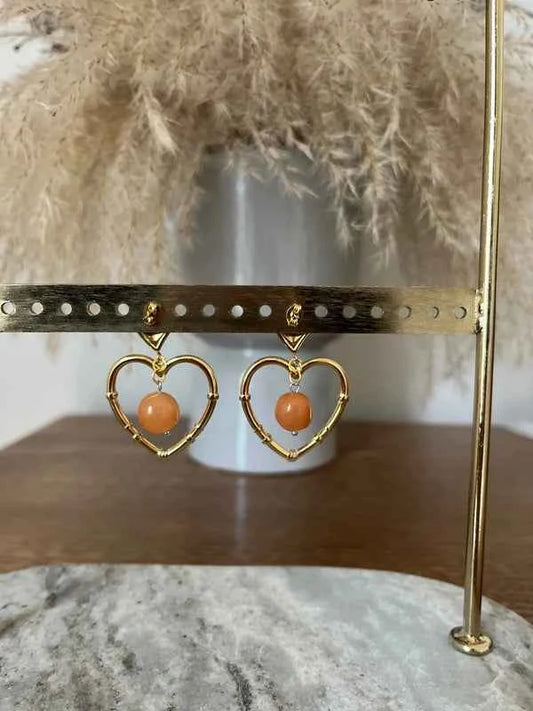 Boucles d’Oreilles Cœur Doré Cabochon Quartz Orange Naturel | Acier Inoxydable | Joie & Vitalité | Bijou Femme Fait Main France