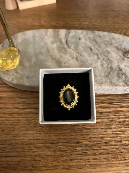 Bague Obsidienne Dorée | Grande monture dorée vintage ajustable – Pierre protectrice