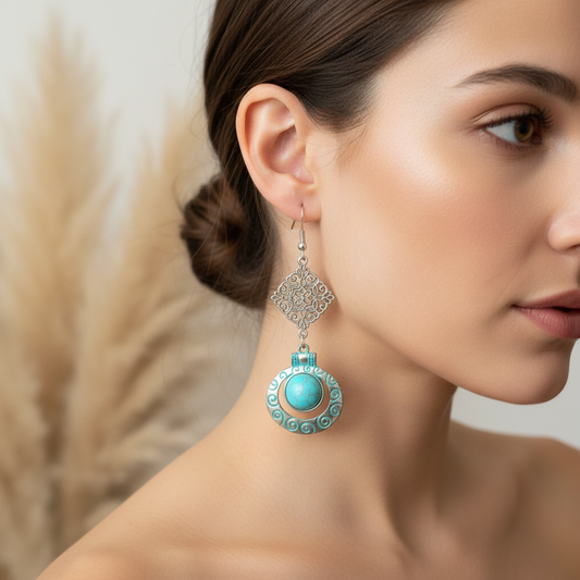 Boucles d’oreilles pendantes à crochets, cabochon turquoise rond et breloque argentée