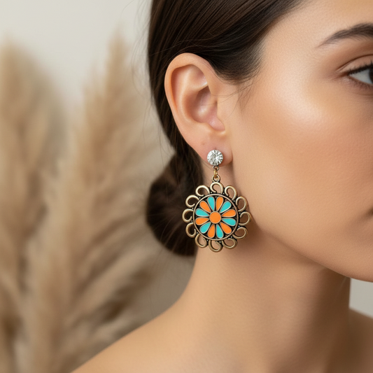 Boucles d’oreilles dorées façon puce, breloque fleur turquoise et orange.