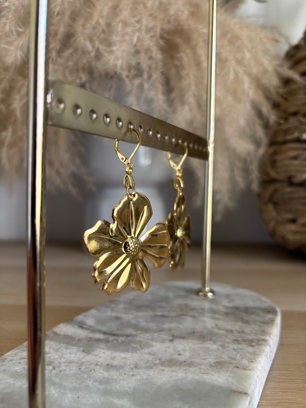 Boucles d'Oreilles Dormeuses Dorées Grosse Fleur | Bohème Élégant | Acier Inoxydable