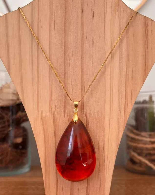 Collier Pendentif Ambre Baltique | Chaîne Dorée Fine Acier Inoxydable 45 cm | Vitalité & Apaisement | Bijou Femme & Cadeau Naissance Fait Main France