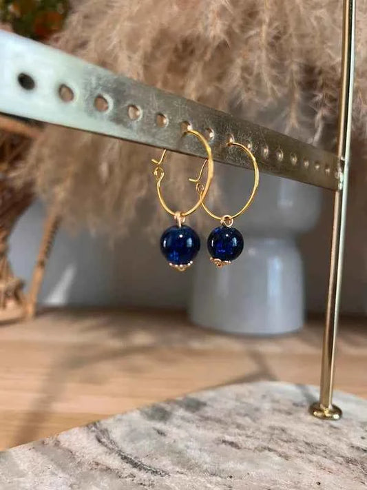 Boucles d’Oreilles Créoles Dorées Perles Bleues Marines | Acier Inoxydable | Style Bohème Chic Estival | Bijou Femme Fait Main France