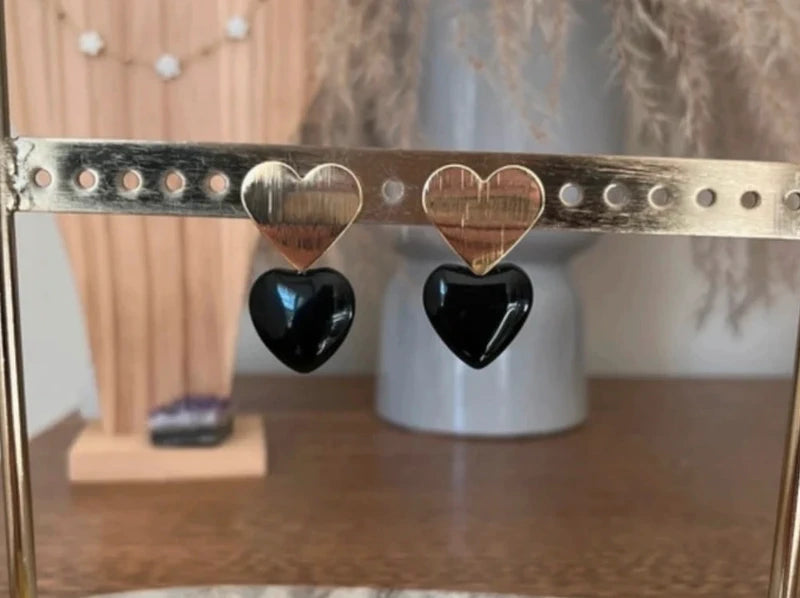 Clous d'Oreilles Cœur Doré Obsidienne Noire | Pierre Naturelle Protectrice | Acier Inoxydable
