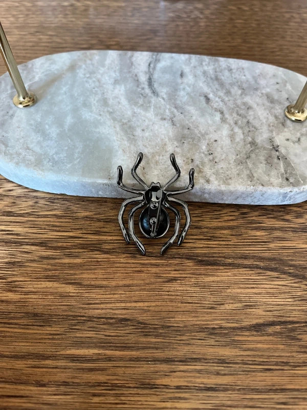 Broche Araignée Noire & Argentée Strass | Bijou Fantaisie Gothique Halloween | 4 cm