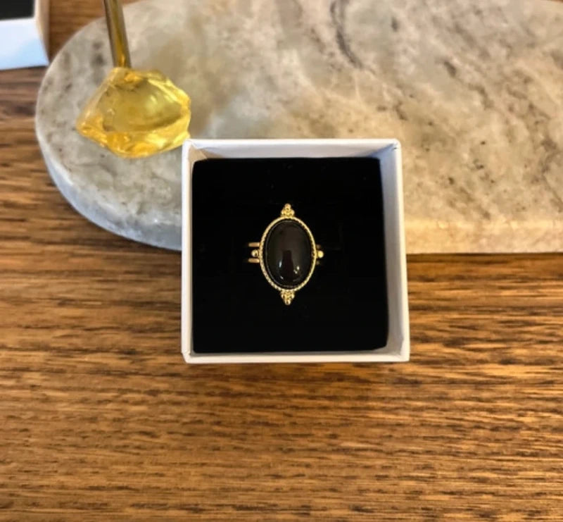 Bague Obsidienne Arc-en-Ciel | Monture dorée vintage ajustable – Pierre naturelle