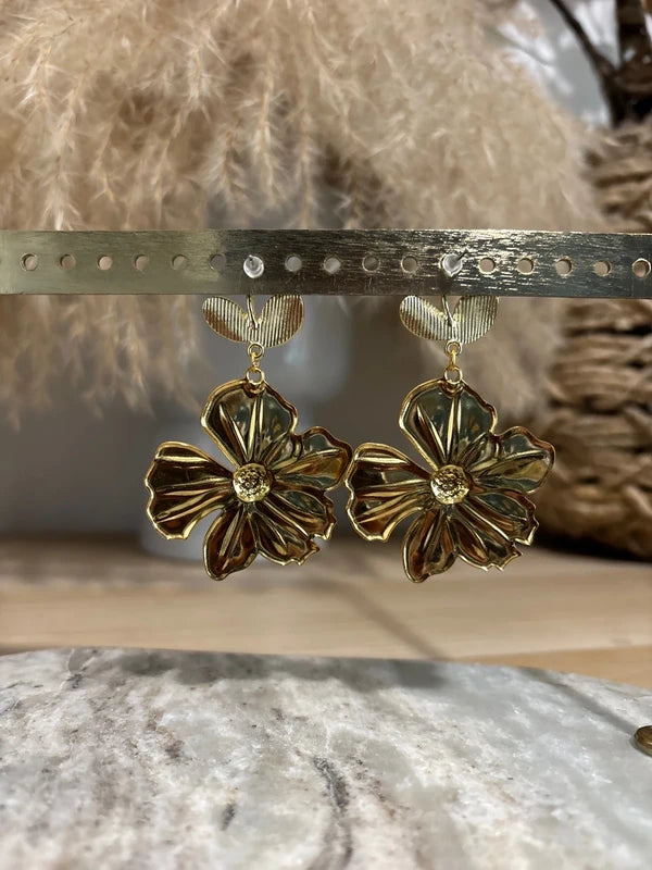 Boucles d'oreilles Feuille de Sauge & Fleur Dorée | Acier Inoxydable | Style Bohème