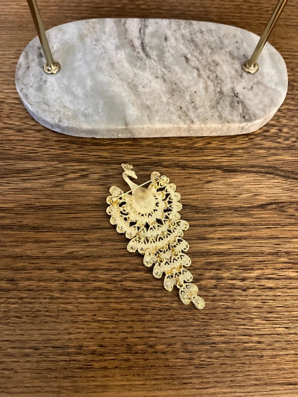 Broche Paon Doré & Multicolore Travaillée | Grande Broche Fantaisie Bohème | 10,6 cm