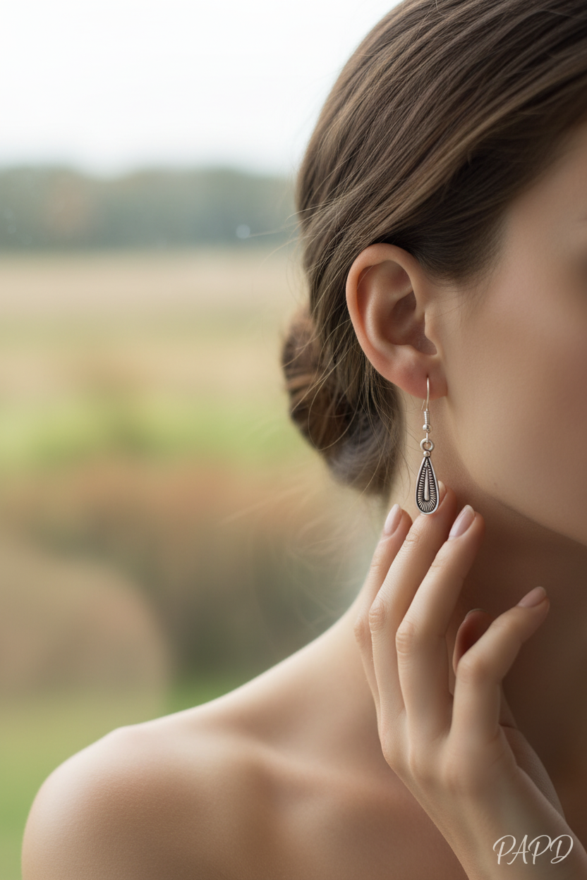 Boucles d'oreilles pendantes bohème argentées portées – goutte striée acier inoxydable 316L – PAPD