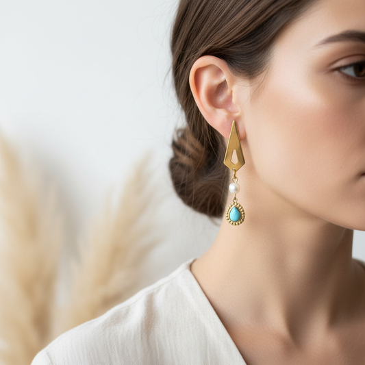 Boucles d'oreilles pendantes dorées perle blanche & Howlite bleue portées — bijou artisanal acier inoxydable 316L — PAPD