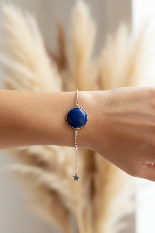 Bracelet Lapis Lazuli Naturel – Chaîne Argentée & Étoile | Apaisement & Sommeil | Lithothérapie | Fait Main France livraison gratuite