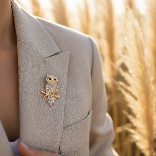 Broche hibou dorée et argentée, motif strass, épingle sur veste grise