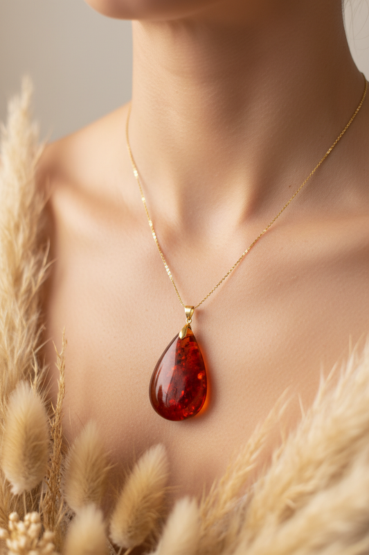 Collier avec pendentif goutte rouge en ambre et chaîne dorée fine, près du cou