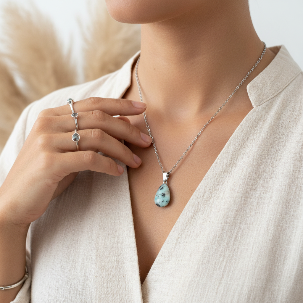 Collier en chaîne argentée avec pendentif en jaspe turquoise, forme goutte, 45 cm