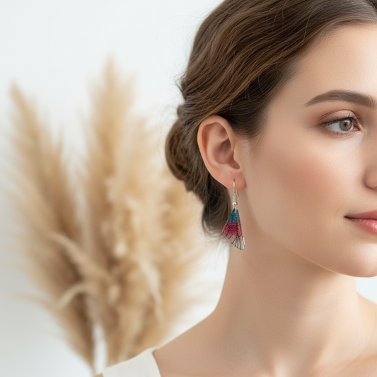 Boucles d’oreilles pendantes multicolores à pampille, près de l’oreille