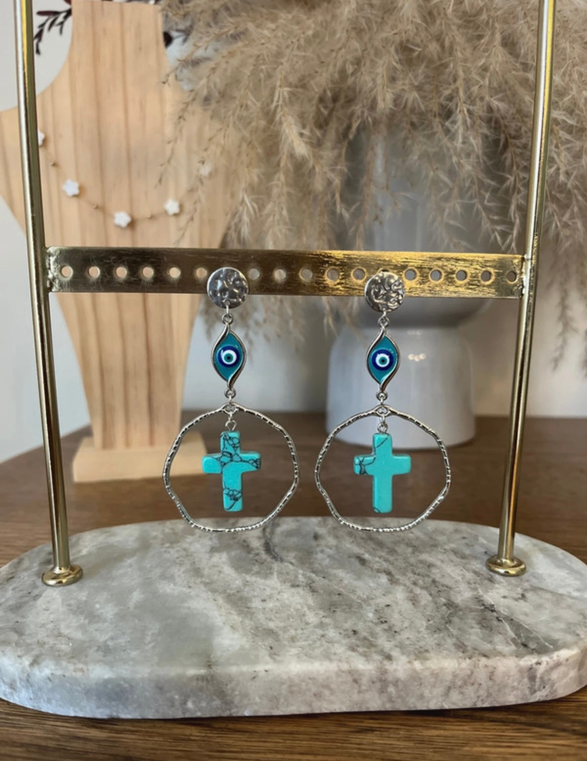 Boucles d’oreilles pierre Turquoise - Pierres Argentées & Perles Dorées