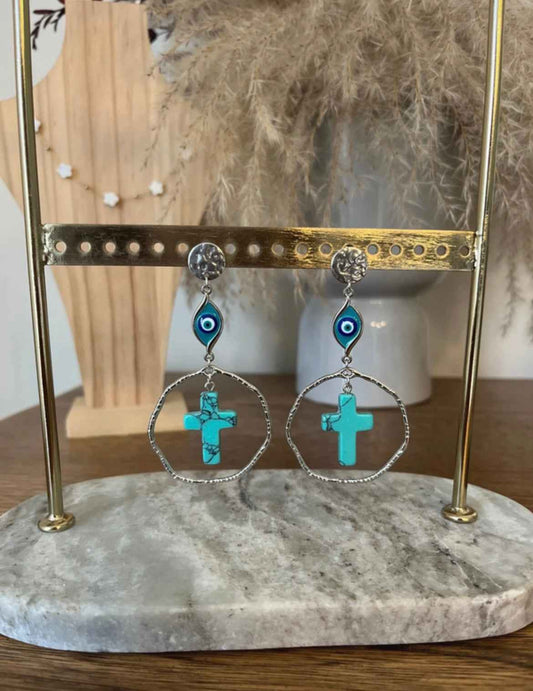 Boucles d'Oreilles Turquoise & Mauvais Œil Doré | Pierre Naturelle Protectrice | Acier Inoxydable | Bijou Femme Fait Main France