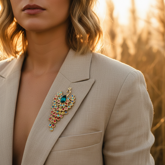 Grande broche paon multicolore sur revers de blazer beige, pierres bleues et rouges