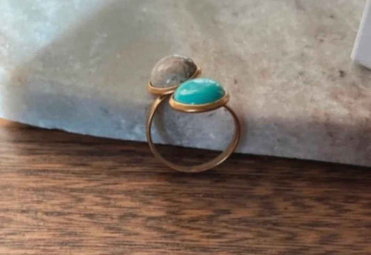 Bague Double Cabochon Jaspe Paysage & Turquoise Naturelle | Monture Dorée Acier Inoxydable | Ancrage & Protection | Fait Main France