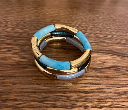 Trio de Bracelets Perles Tubes Incurvées Bleu & Doré | À superposer – Bijou tendance