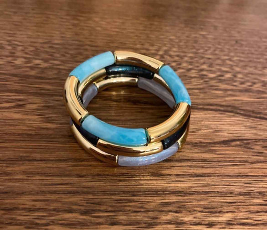 Trio Bracelets Élastiques Perles Tubes Bleu & Doré | À Superposer | 18 cm | Bijou Femme Fait Main France