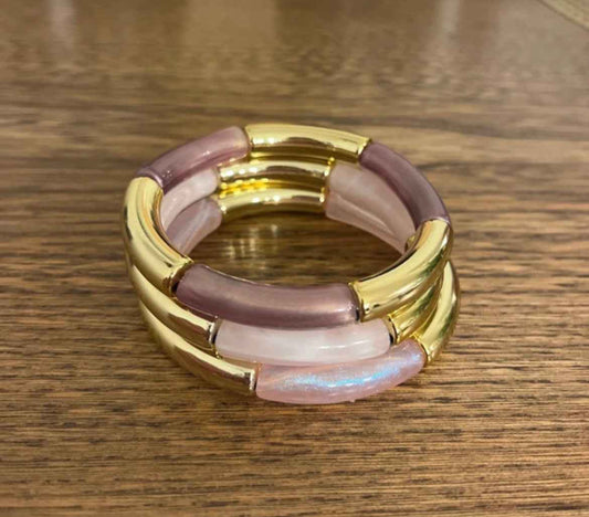 Trio Bracelets Élastiques Perles Tubes Rose Poudré & Violet | À Superposer | 18 cm | Bijou Femme Fait Main France