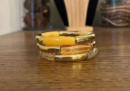Trio Bracelets Élastiques Perles Tubes Orange & Jaune Pailletes | À Superposer | 18 cm | Bijou Femme Fait Main France