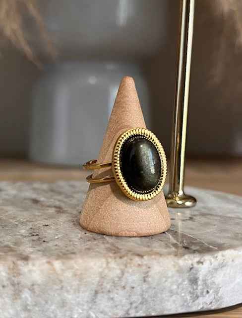 Bague Ajustable Cabochon Obsidienne Dorée Naturelle | Acier Inoxydable Doré | Protection & Ancrage | Bijou Femme Fait Main France