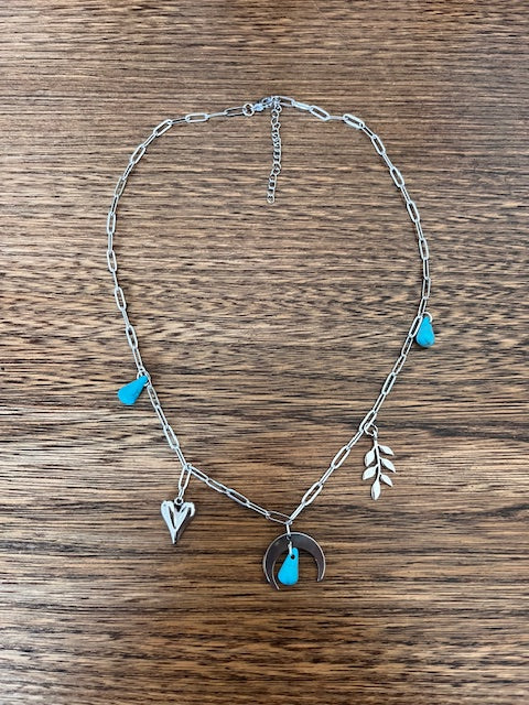 Collier chaine maillons argentés gourmette perles pierre naturelle Turquoise