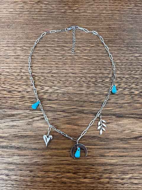 Collier Gourmette Argenté Chaîne Maillons | Perles & Pierre Turquoise Naturelle | Protection & Sagesse | Bijou Femme Fait Main France