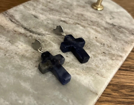 Puces Cœur Argentées Lapis Lazuli Croix – Pierre Naturelle & Acier Inoxydable | PAPD