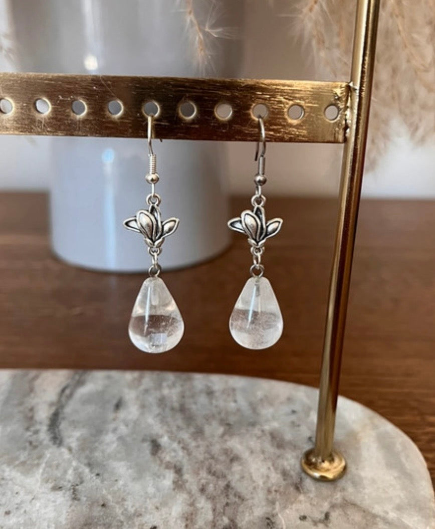 Boucles d'Oreilles Pendantes Cristal de Roche | Acier Inoxydable | Pierre Naturelle